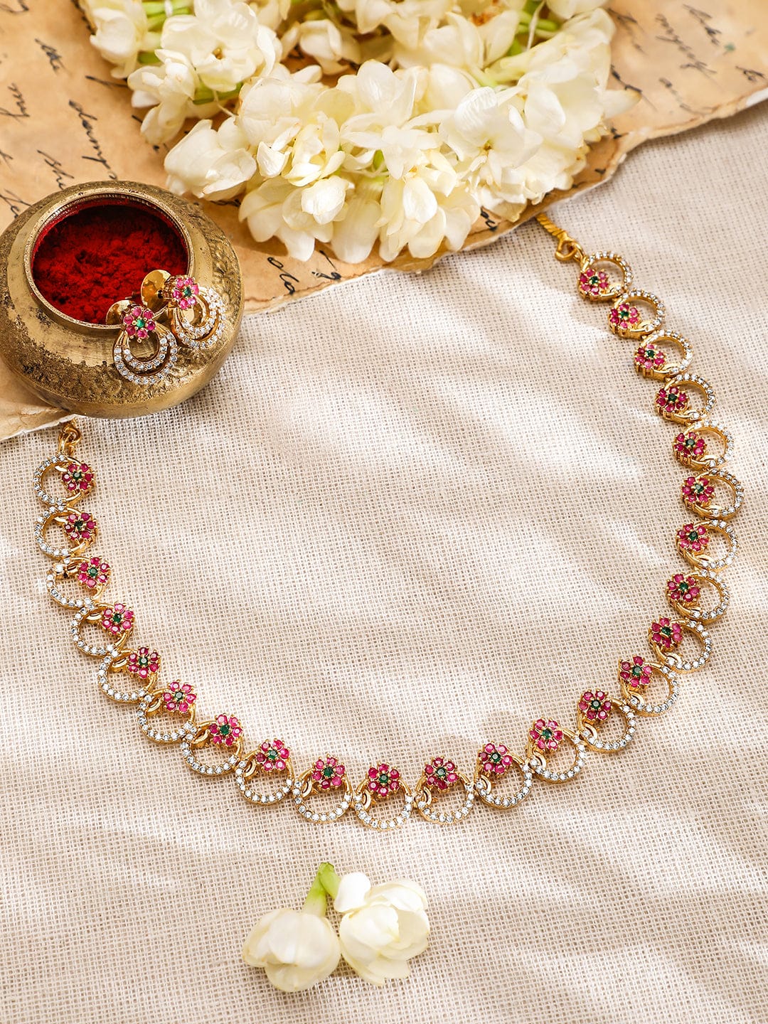 Rubans 22K Gold-Plated Pink & Green Stone Cubic Zirconia Necklace Set with Matching Earring Jewellery Set