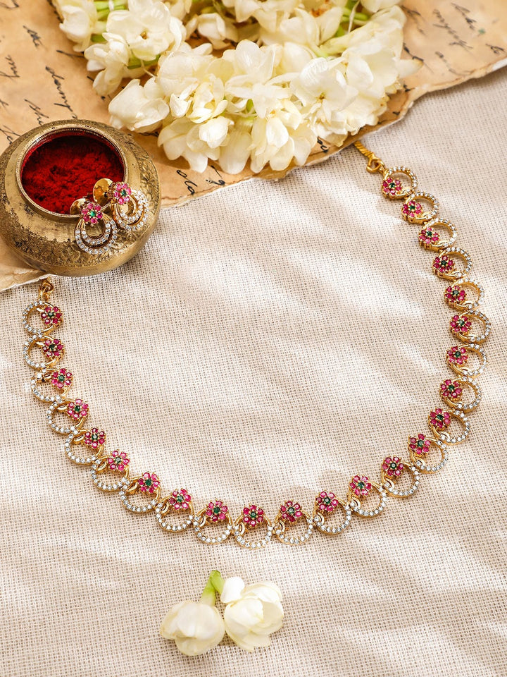 Rubans 22K Gold-Plated Pink & Green Stone Cubic Zirconia Necklace Set with Matching Earring Jewellery Set