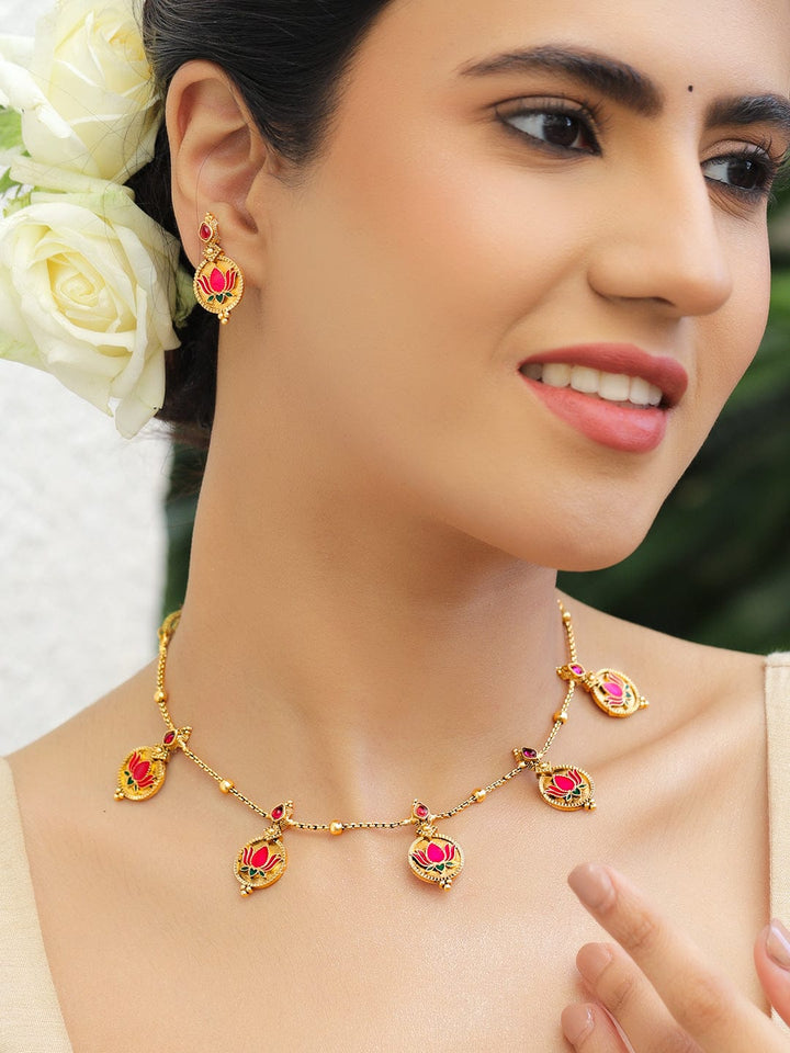 Rubans 22K Gold-Plated Pink Lotus Enamel Necklace Set with Matching Earrings Necklace Set