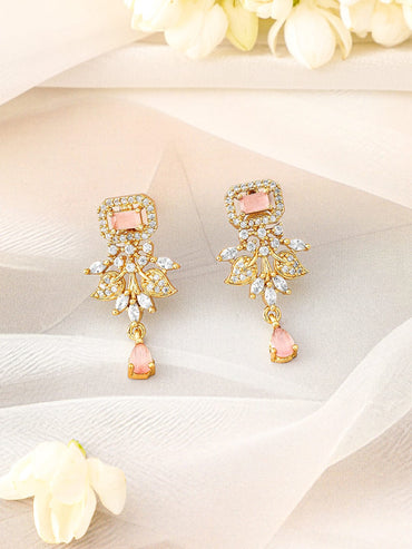 Rubans 22K Gold Plated Pink Stone & Cubic Zirconia Floral Necklace Set with Pearl Drops Jewellery Set