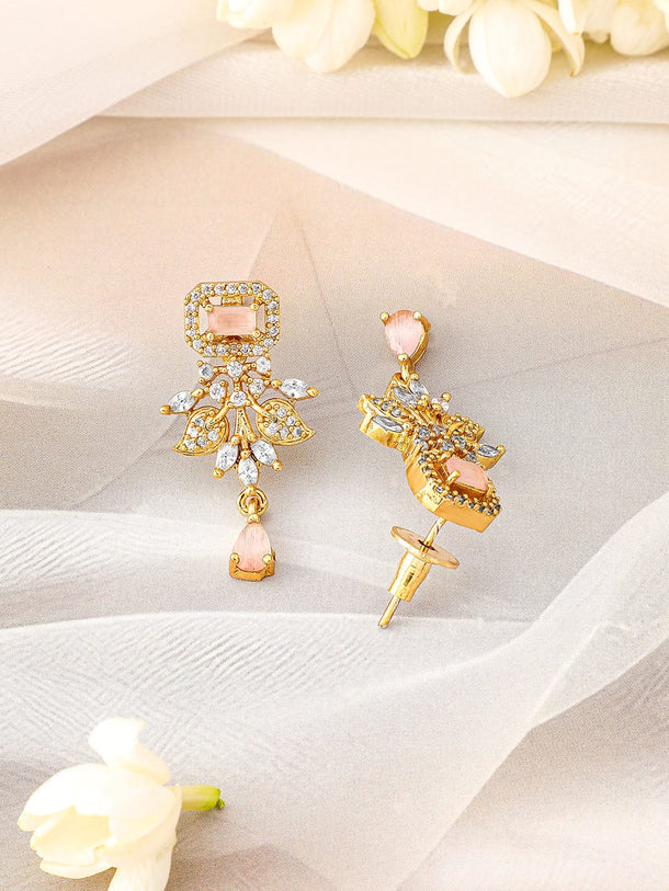 Rubans 22K Gold Plated Pink Stone & Cubic Zirconia Floral Necklace Set with Pearl Drops Jewellery Set