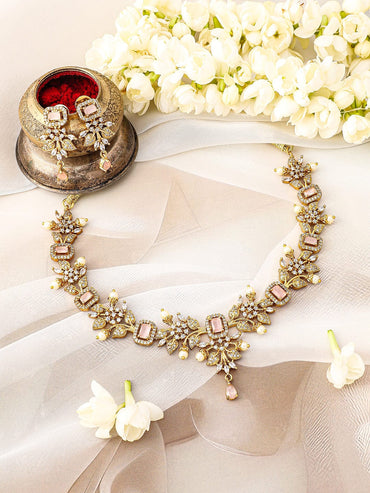 Rubans 22K Gold Plated Pink Stone & Cubic Zirconia Floral Necklace Set with Pearl Drops Jewellery Set