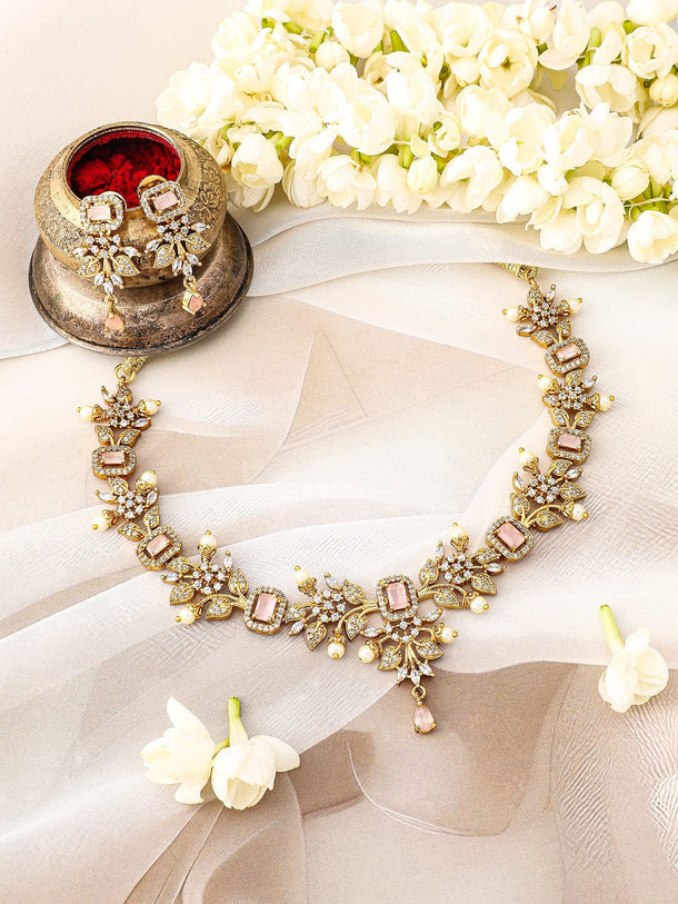 Rubans 22K Gold Plated Pink Stone & Cubic Zirconia Floral Necklace Set with Pearl Drops Jewellery Set