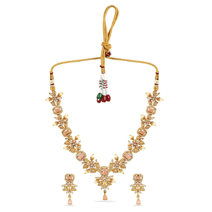 Rubans 22K Gold Plated Pink Stone & Cubic Zirconia Floral Necklace Set with Pearl Drops Necklace Sets