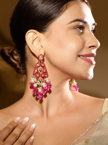 Rubans 22K Gold Plated Pink Stone & Kundan Studded Chandelier Earrings with Pearl & Bead Accents Drop Earrings