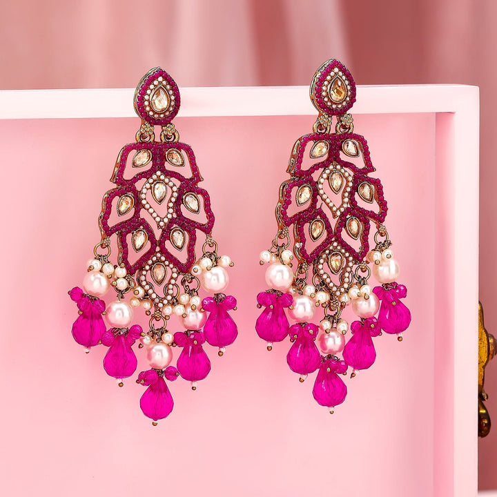 Rubans 22K Gold Plated Pink Stone & Kundan Studded Chandelier Earrings with Pearl & Bead Accents Drop Earrings