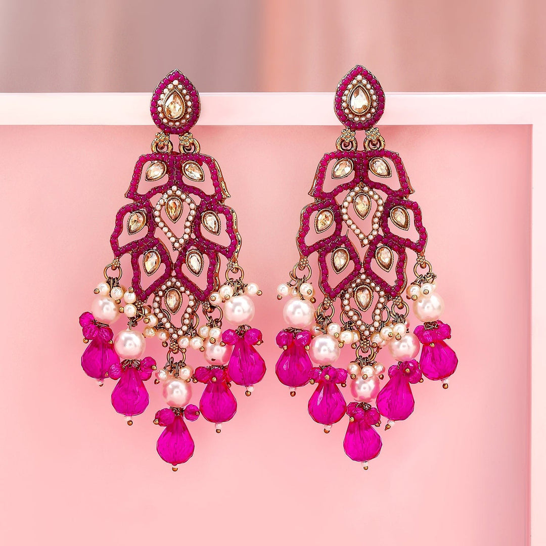 Rubans 22K Gold Plated Pink Stone & Kundan Studded Chandelier Earrings with Pearl & Bead Accents Drop Earrings