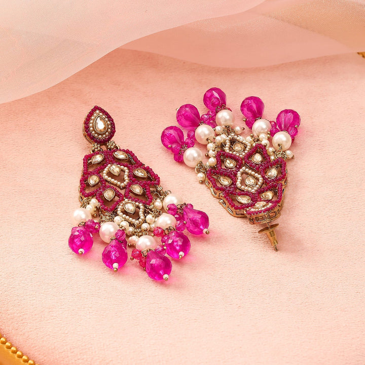 Rubans 22K Gold Plated Pink Stone & Kundan Studded Chandelier Earrings with Pearl & Bead Accents Drop Earrings