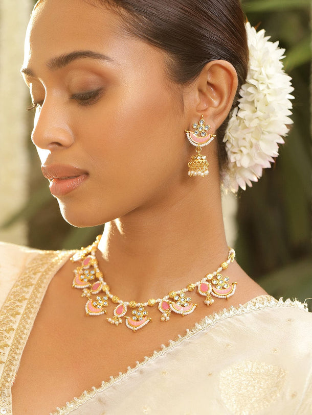 Rubans 22K Gold-Plated Pink & White Enamelled Kundan Studded Choker Set with Pearl Details Necklace set
