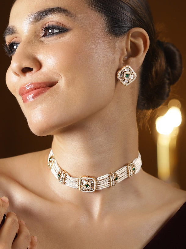 Rubans 22K Gold-Plated Polki & Cubic Zirconia Studded Emerald Green & White Pearl Beaded Multi-Strand Choker Necklace Set for Women Choker, Choker set & Kundan Choker set