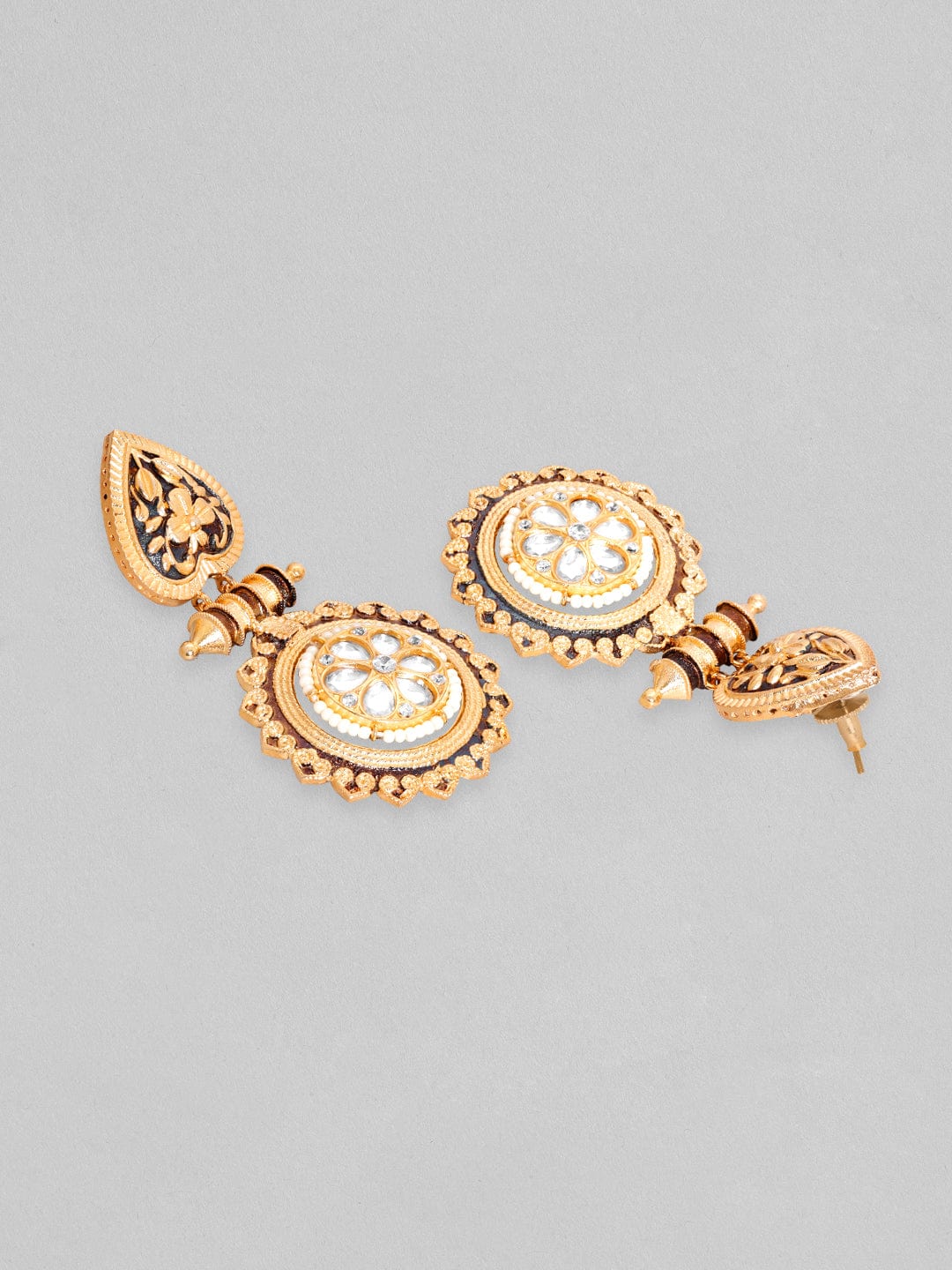 Rubans 22K Gold Plated Polki Zirconia & Black Enemal Statement Dangle Earrings Earrings