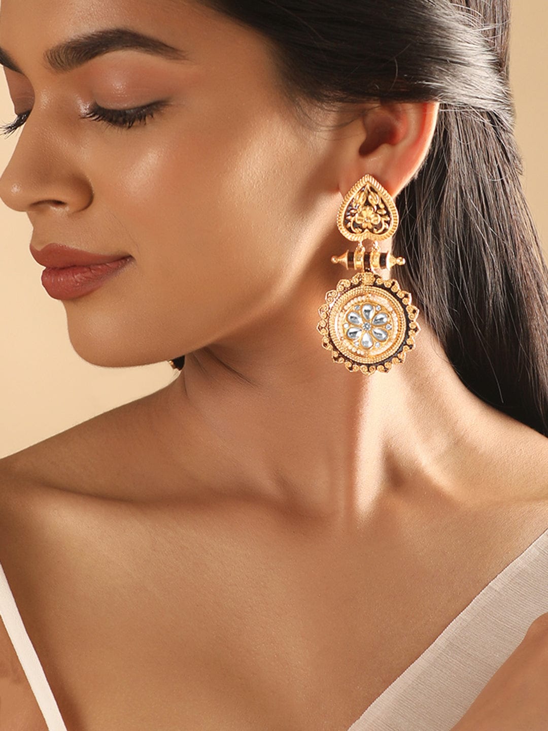 Rubans 22K Gold Plated Polki Zirconia & Black Enemal Statement Dangle Earrings Earrings