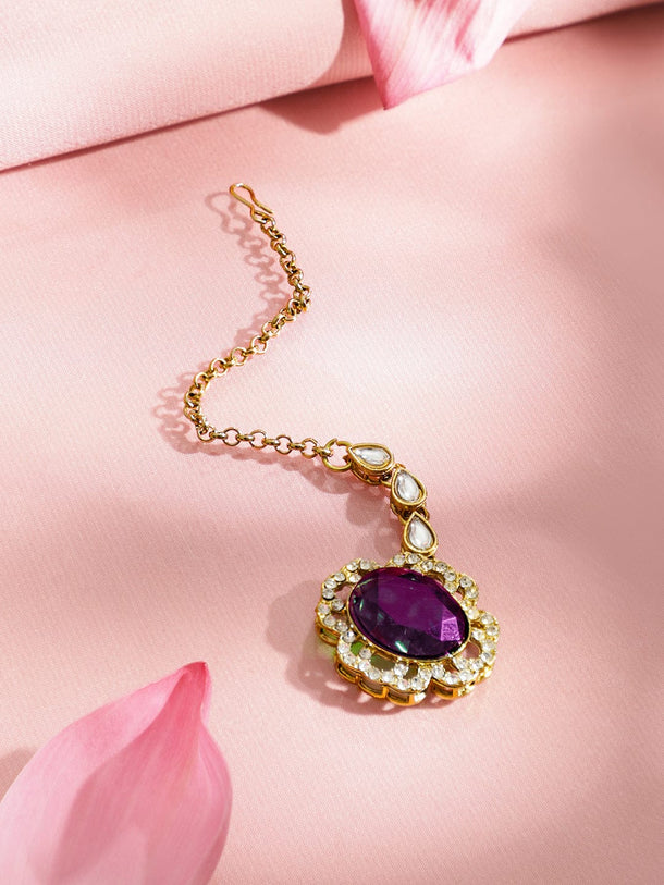 Rubans 22K Gold-Plated Purple Gemstone, White Kundan & Cubic Zirconia Statement Choker Set Jewellery Set