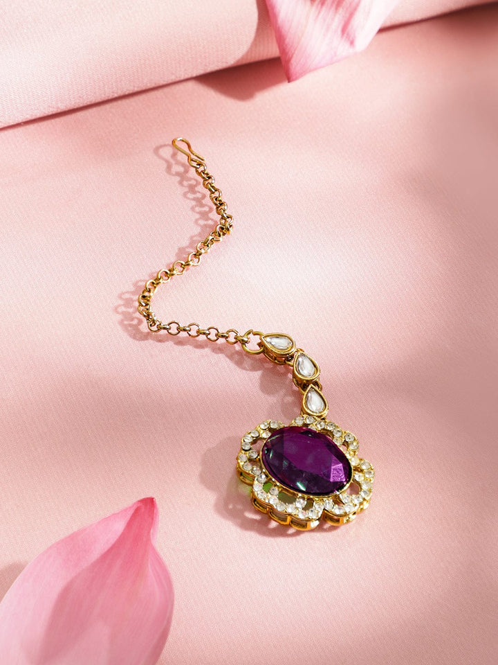 Rubans 22K Gold-Plated Purple Gemstone, White Kundan & Cubic Zirconia Statement Choker Set Jewellery Set