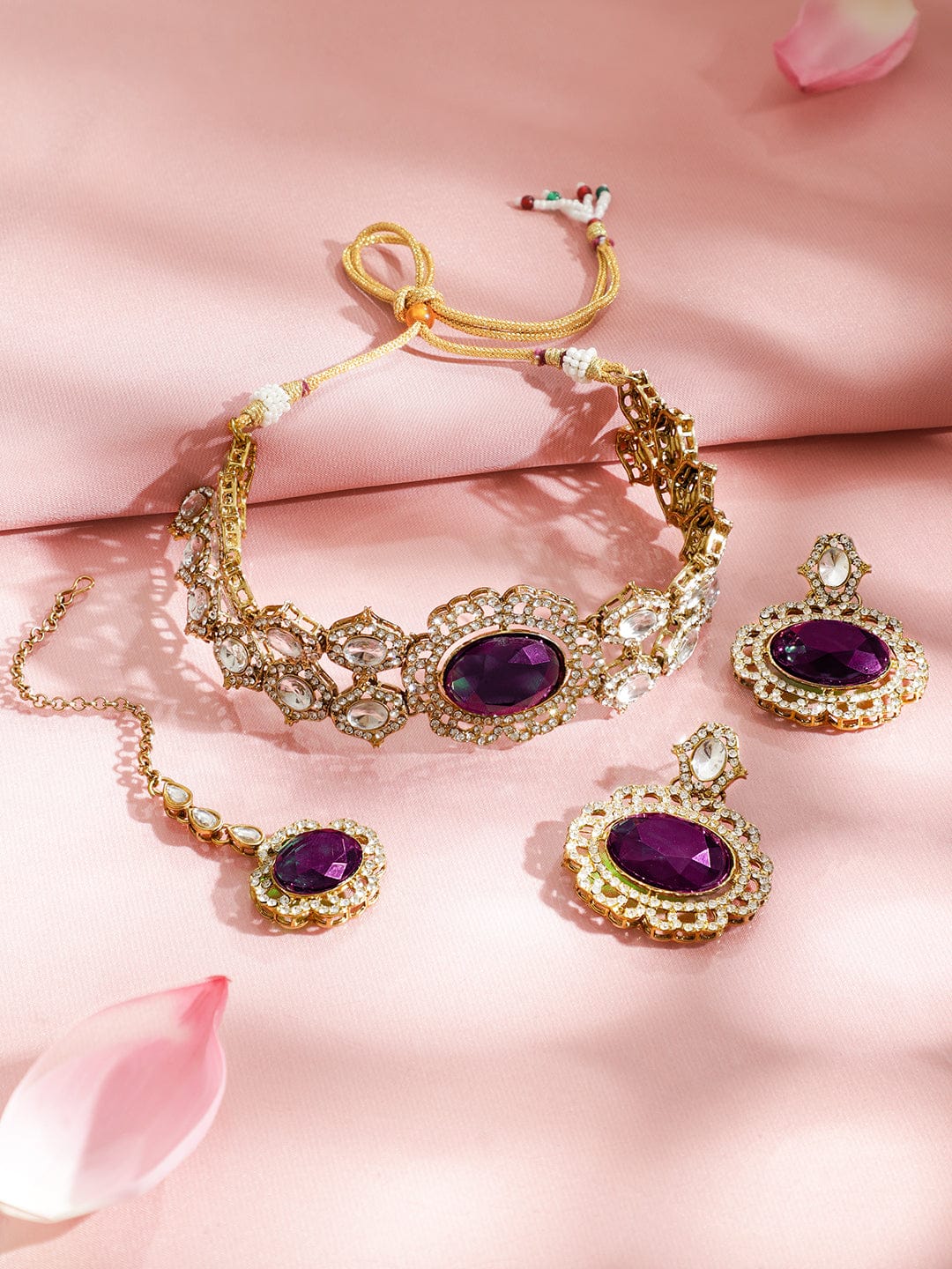 Rubans 22K Gold-Plated Purple Gemstone, White Kundan & Cubic Zirconia Statement Choker Set Jewellery Set