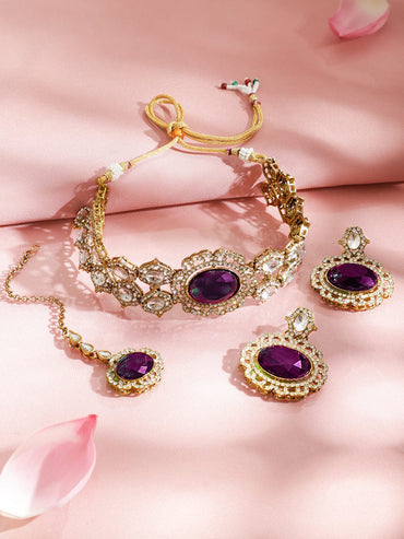 Rubans 22K Gold-Plated Purple Gemstone, White Kundan & Cubic Zirconia Statement Choker Set Jewellery Set