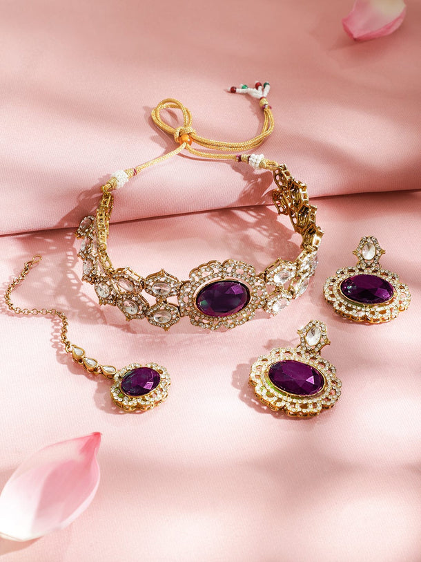 Rubans 22K Gold-Plated Purple Gemstone, White Kundan & Cubic Zirconia Statement Choker Set Jewellery Set