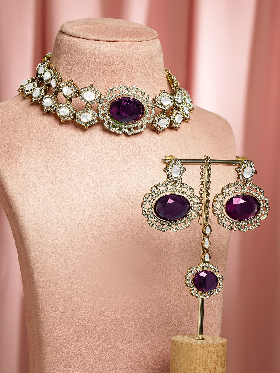 Rubans 22K Gold-Plated Purple Gemstone, White Kundan & Cubic Zirconia Statement Choker Set Jewellery Set
