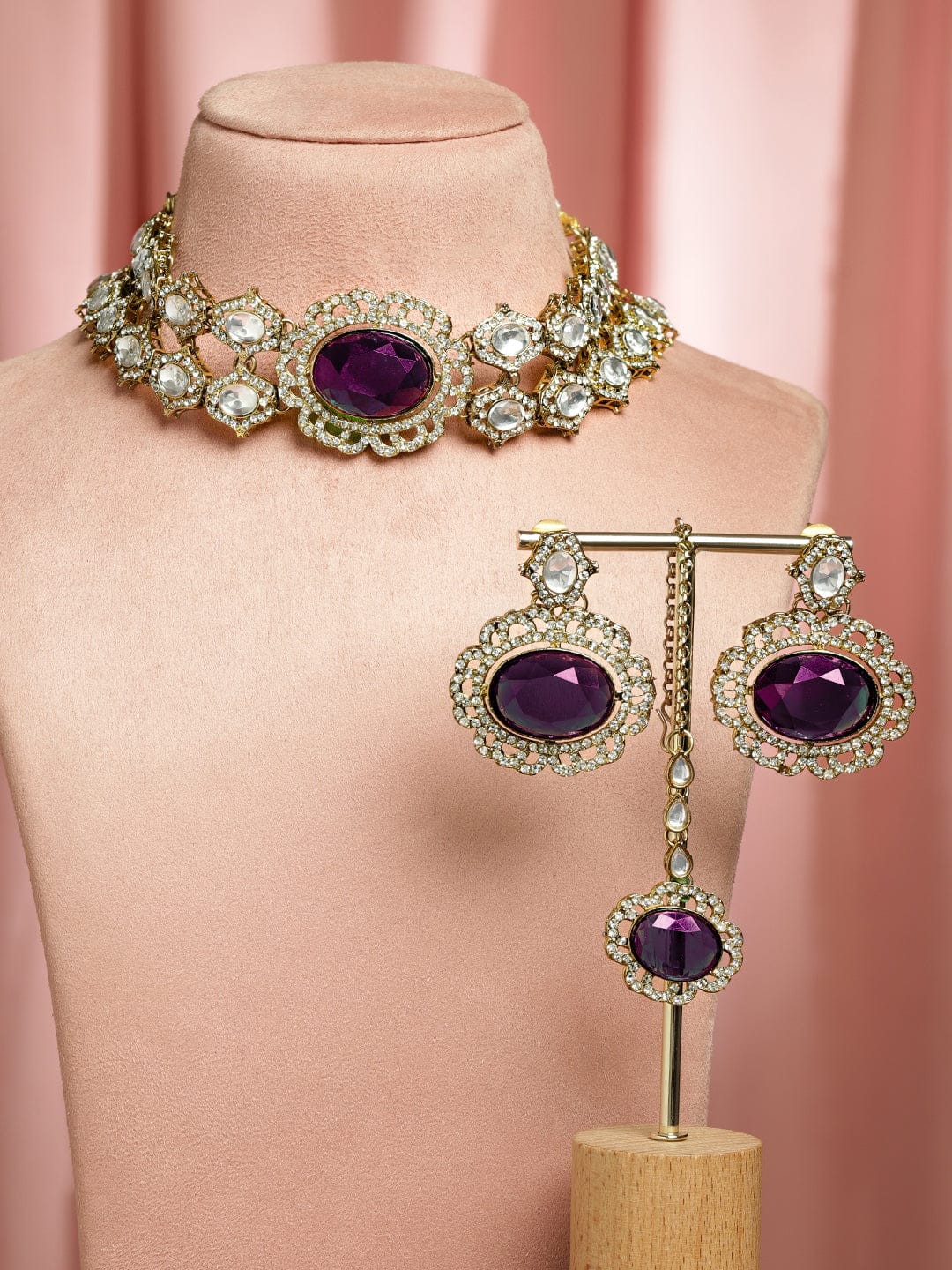 Rubans 22K Gold-Plated Purple Gemstone, White Kundan & Cubic Zirconia Statement Choker Set Jewellery Set
