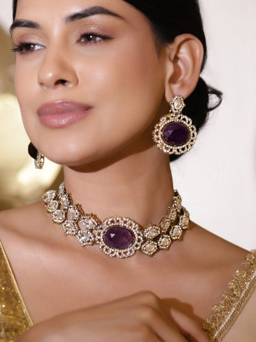 Rubans 22K Gold-Plated Purple Gemstone, White Kundan & Cubic Zirconia Statement Choker Set Necklace Set