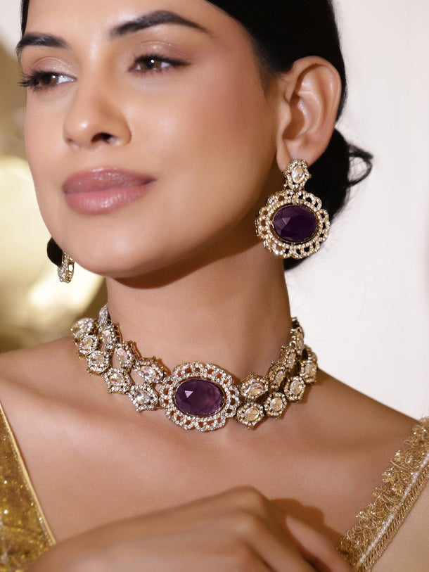 Rubans 22K Gold-Plated Purple Gemstone, White Kundan & Cubic Zirconia Statement Choker Set Necklace Set