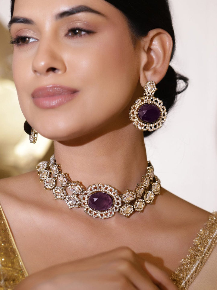 Rubans 22K Gold-Plated Purple Gemstone, White Kundan & Cubic Zirconia Statement Choker Set Necklace Set