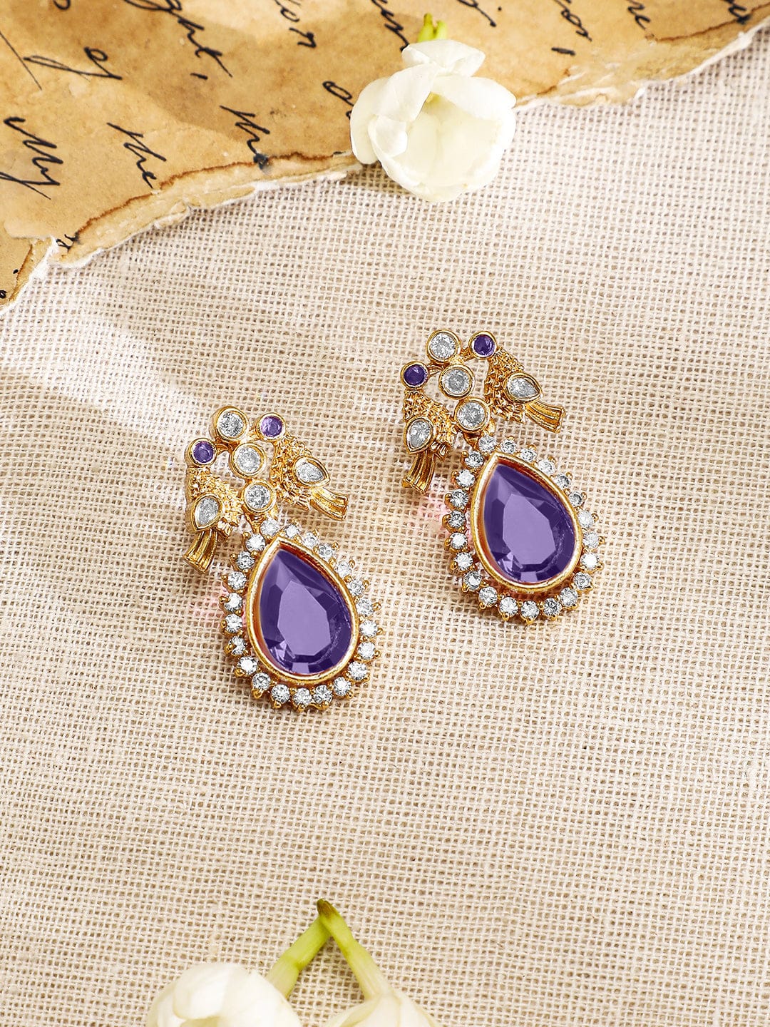 Rubans 22K Gold-Plated Purple Stone & Cubic Zirconia Studded Dual Chain Necklace Set with Matching Earrings Jewellery Set