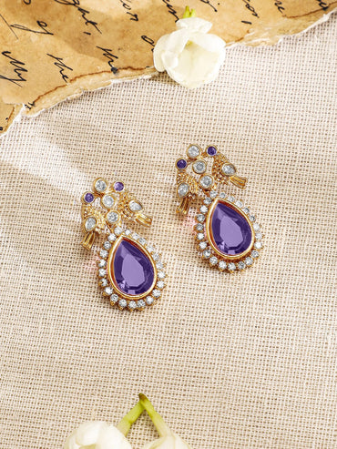Rubans 22K Gold-Plated Purple Stone & Cubic Zirconia Studded Dual Chain Necklace Set with Matching Earrings Jewellery Set