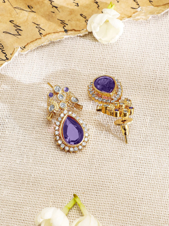 Rubans 22K Gold-Plated Purple Stone & Cubic Zirconia Studded Dual Chain Necklace Set with Matching Earrings Jewellery Set