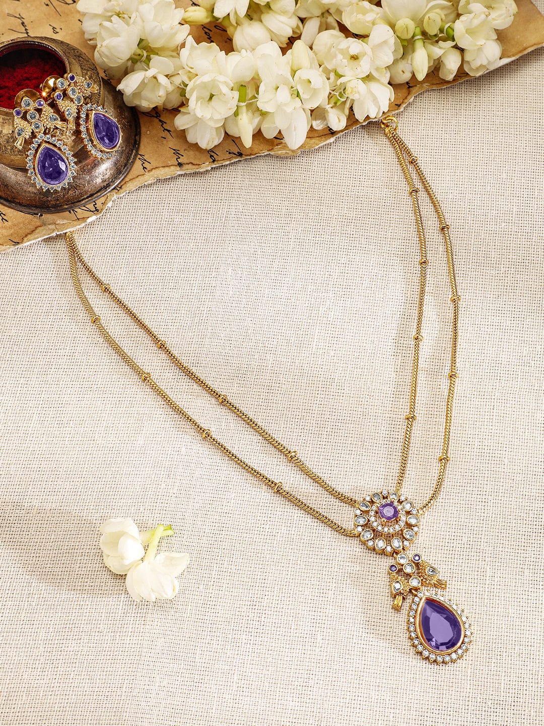 Rubans 22K Gold-Plated Purple Stone & Cubic Zirconia Studded Dual Chain Necklace Set with Matching Earrings Jewellery Set
