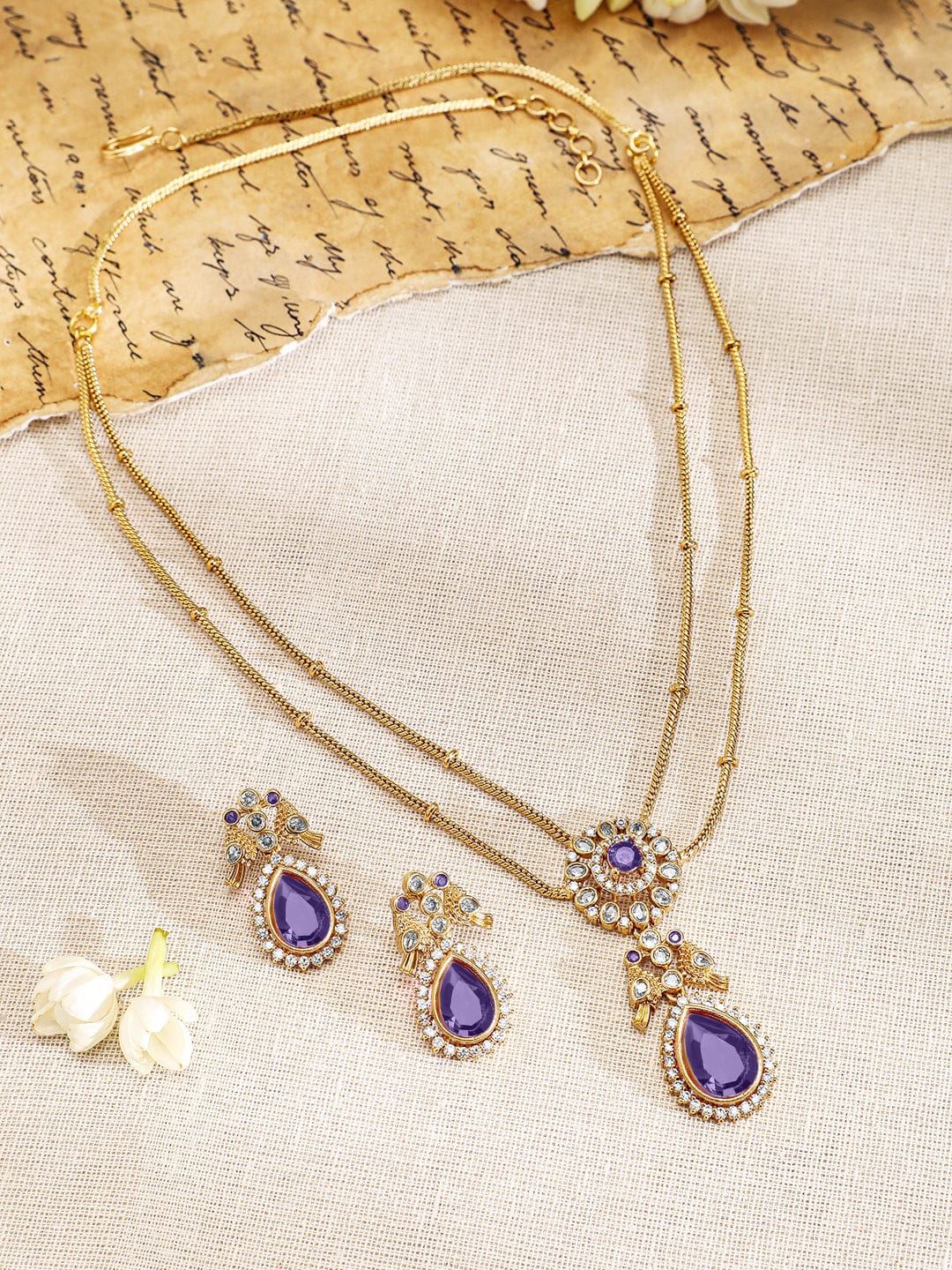 Rubans 22K Gold-Plated Purple Stone & Cubic Zirconia Studded Dual Chain Necklace Set with Matching Earrings Jewellery Set