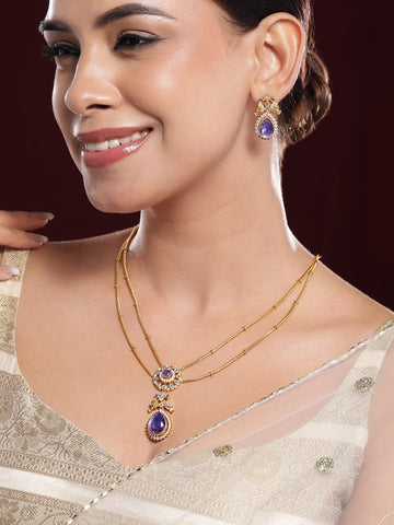 Rubans 22K Gold-Plated Purple Stone & Cubic Zirconia Studded Dual Chain Necklace Set with Matching Earrings Jewellery Set