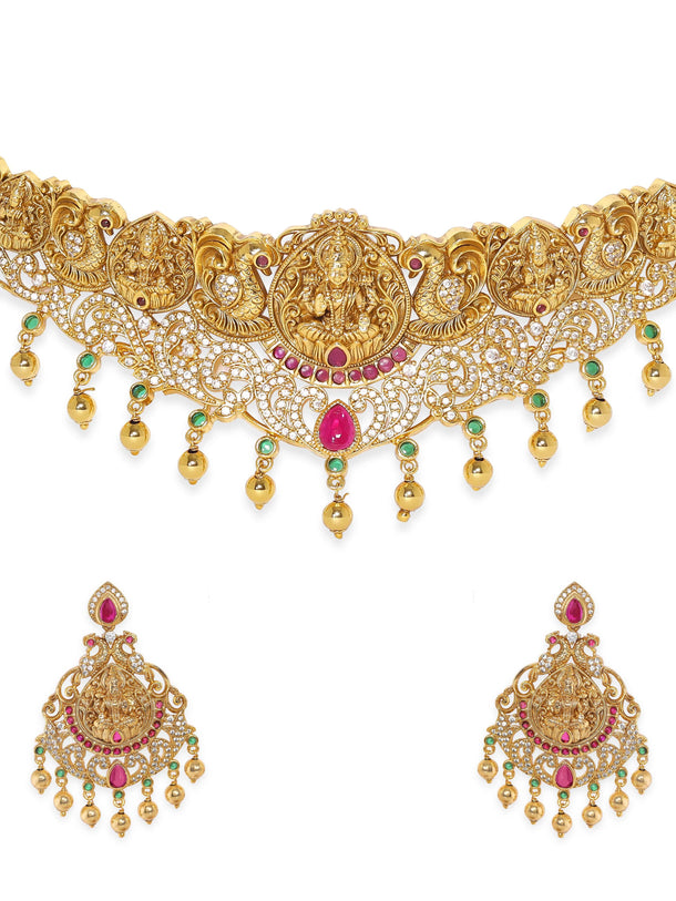Rubans 22K Gold plated Red Crystal Zirconia Handcrafted Luxury Necklace Set Jewellery Sets