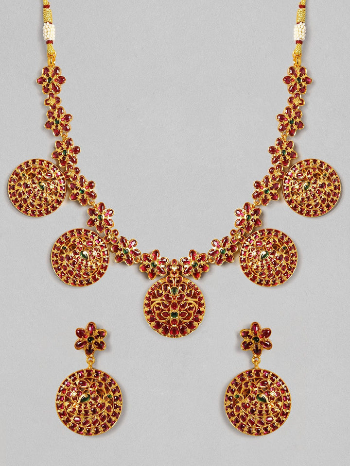 Rubans 22K Gold Plated Red  Green Artifical Stone Studded Handcrafted Traditional Necklace Set Jewellery Set