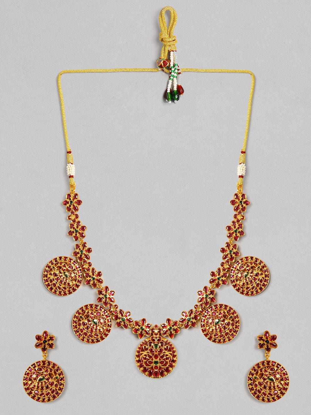 Rubans 22K Gold Plated Red  Green Artifical Stone Studded Handcrafted Traditional Necklace Set Jewellery Set