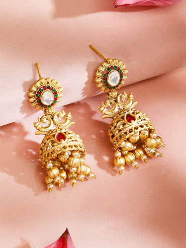 Rubans 22K Gold-Plated Red & Green Enamel Kundan Studded Necklace Set with Golden Pearls Necklace Sets