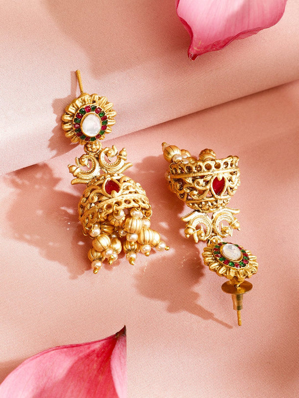 Rubans 22K Gold-Plated Red & Green Enamel Kundan Studded Necklace Set with Golden Pearls Necklace Sets