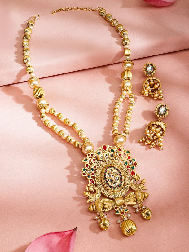 Rubans 22K Gold-Plated Red & Green Enamel Kundan Studded Necklace Set with Golden Pearls Necklace Sets