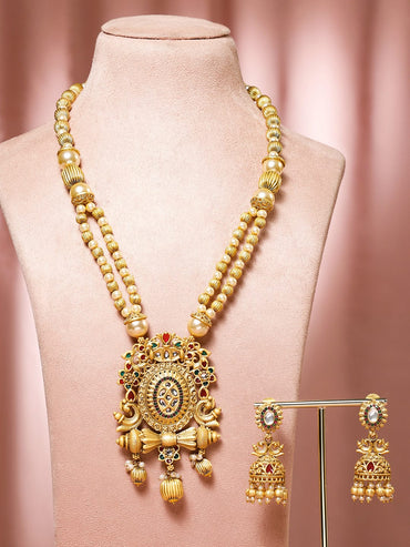Rubans 22K Gold-Plated Red & Green Enamel Kundan Studded Necklace Set with Golden Pearls Necklace Sets