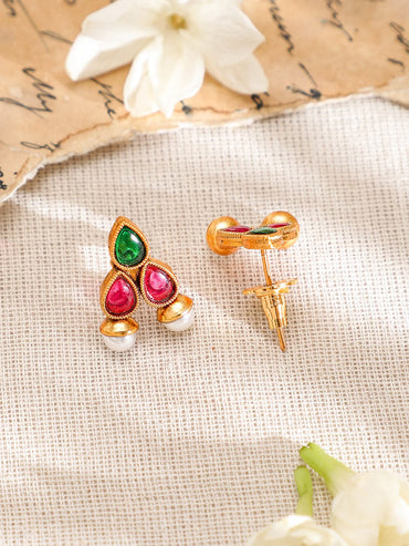 Rubans 22K Gold-Plated Red & Green Stone and Pearl Beaded Traditional Jewellery Set Jewellery Set