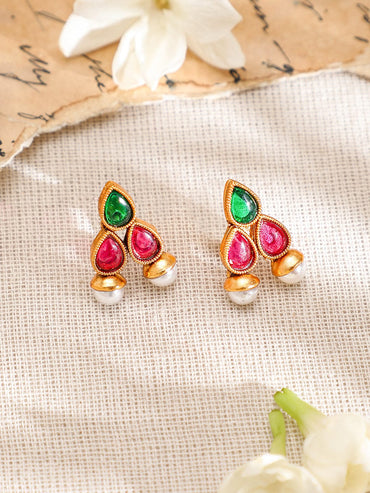 Rubans 22K Gold-Plated Red & Green Stone and Pearl Beaded Traditional Jewellery Set Jewellery Set