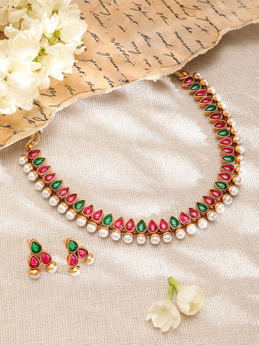 Rubans 22K Gold-Plated Red & Green Stone and Pearl Beaded Traditional Jewellery Set Jewellery Set