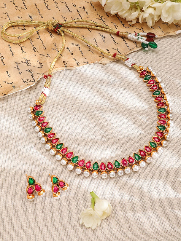 Rubans 22K Gold-Plated Red & Green Stone and Pearl Beaded Traditional Jewellery Set Jewellery Set