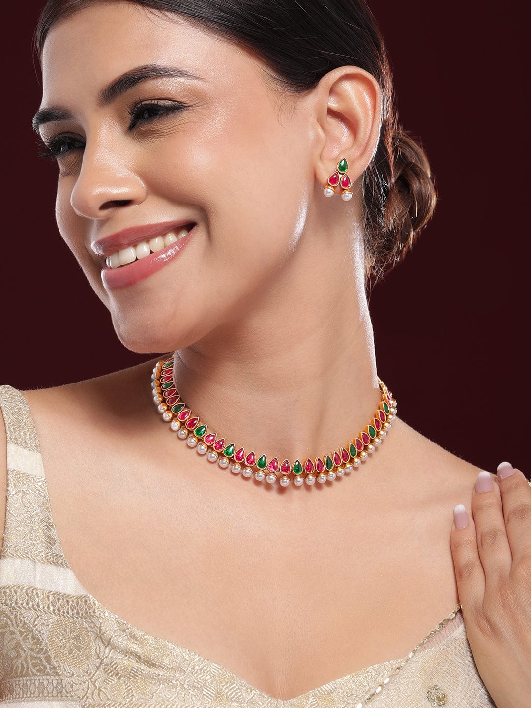 Rubans 22K Gold-Plated Red & Green Stone and Pearl Beaded Traditional Jewellery Set Necklace Set