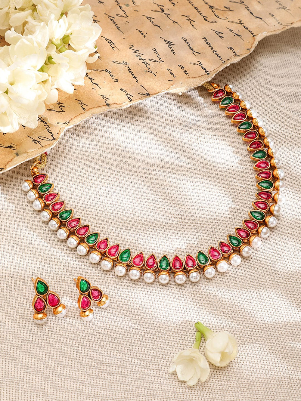 Rubans 22K Gold-Plated Red & Green Stone and Pearl Beaded Traditional Jewellery Set Necklace Set