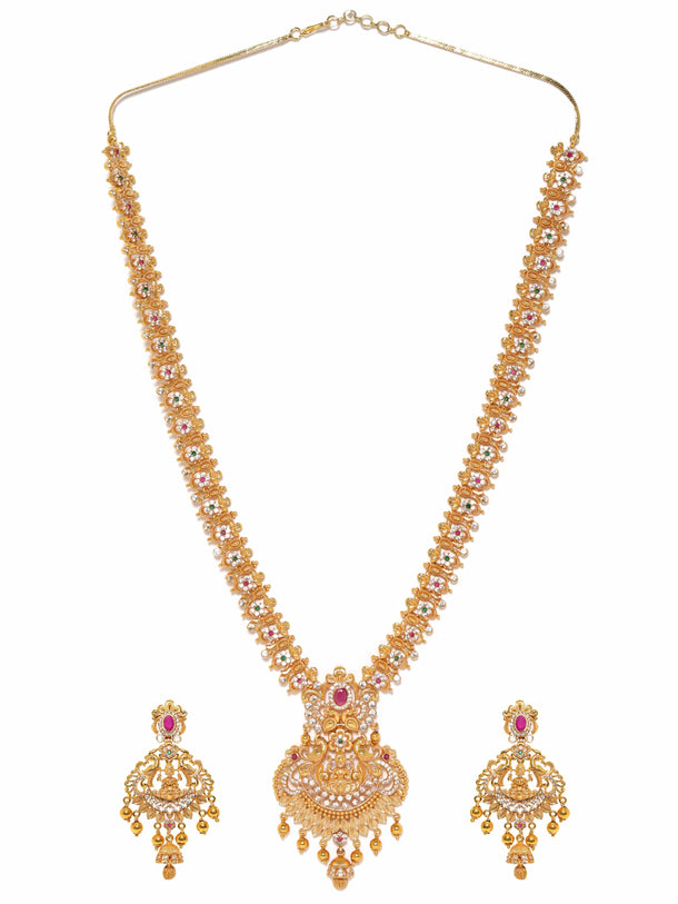 Rubans 22K Gold Plated Red Kemp Stone Studded Handcrafted Floral Temple Long Necklace Set