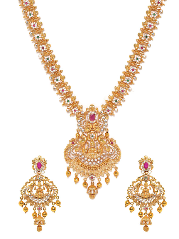 Rubans 22K Gold Plated Red Kemp Stone Studded Handcrafted Floral Temple Long Necklace Set