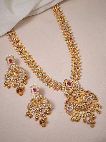 Rubans 22K Gold Plated Red Kemp Stone Studded Handcrafted Floral Temple Long Necklace Set