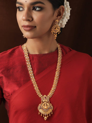 Rubans 22K Gold Plated Red Kemp Stone Studded Handcrafted Floral Temple Long Necklace Set