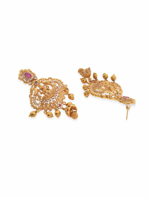 Rubans 22K Gold Plated Red Kemp Stone Studded Handcrafted Floral Temple Long Necklace Set